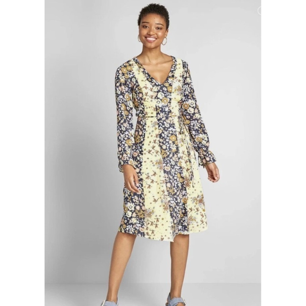 Modcloth Unique Persona Midi Dress Women's 0 Multi Floral‎ Long Sleeve Retro NWT
